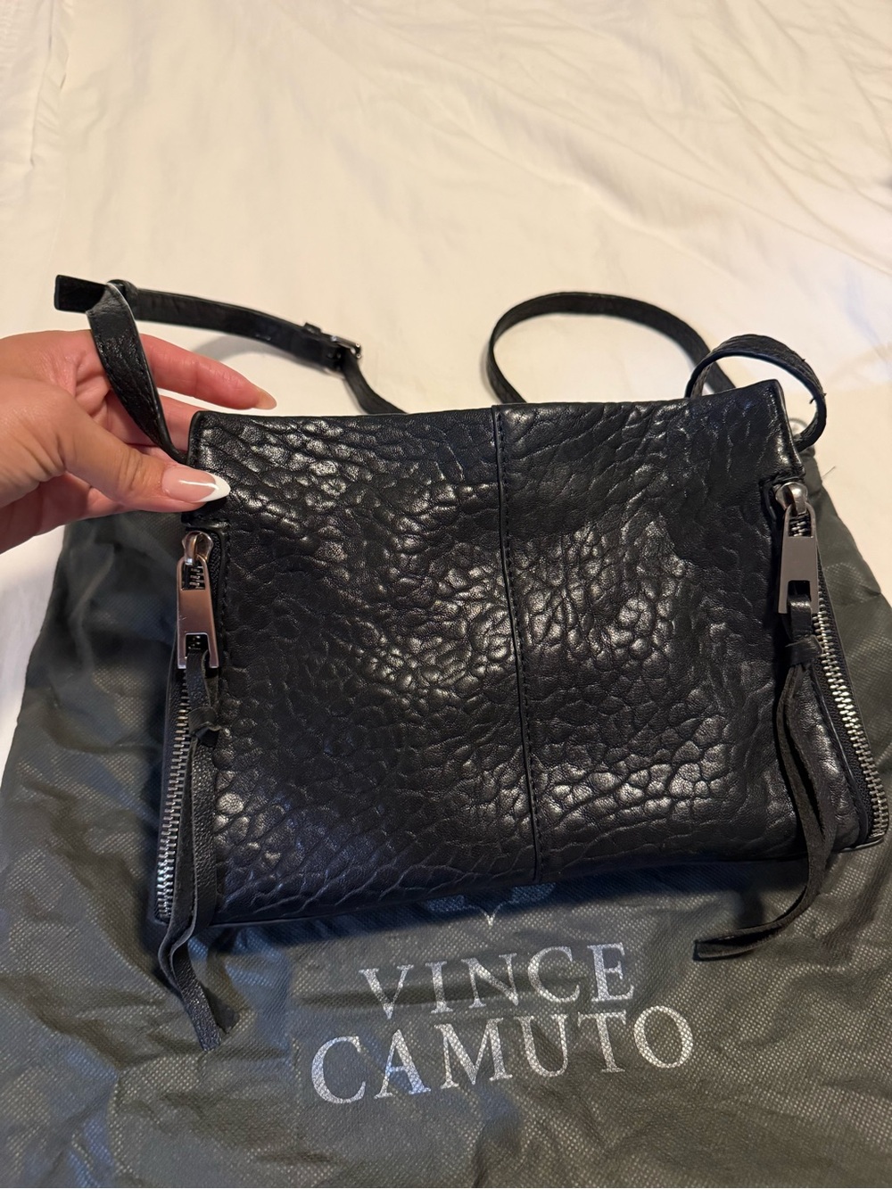 Vince Camuto Black Pebbled Leather Crossbody with Zipper Accents